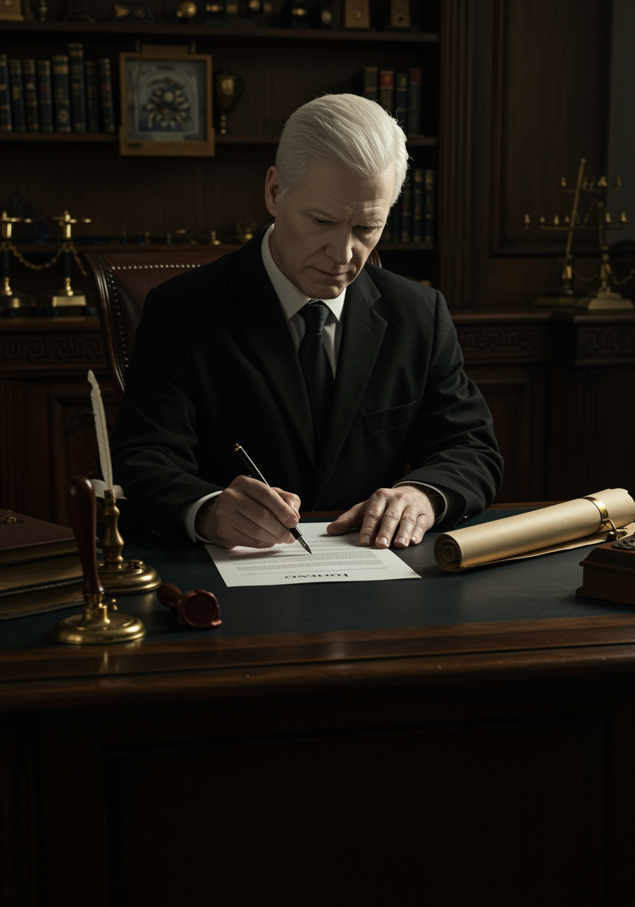 For image id 1263: Produce an image of a refined notary office interior where a white notary, dressed in formal attire, is carefully reviewing official documents and sealing a contract. The scene should include classic notarial elements such as a wax seal, quill, and parchment, creating a sense of tradition blended with modern efficiency for notarial management.