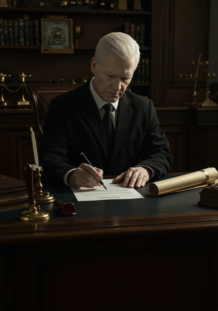 imagen15 For image id 1263: Produce an image of a refined notary office interior where a white notary, dressed in formal attire, is carefully reviewing official documents and sealing a contract. The scene should include classic notarial elements such as a wax seal, quill, and parchment, creating a sense of tradition blended with modern efficiency for notarial management.