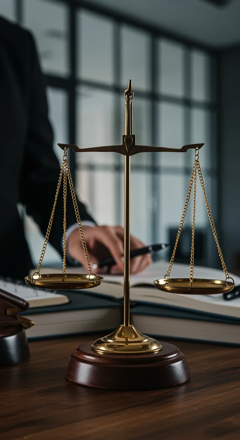 imagen17 For image id 1265: Design an image that symbolizes comprehensive legal advisory services. Integrate visual elements like scales of justice, legal books, and modern office architecture with a refined color palette. The overall impression should be innovative, balanced, and professional, reflecting an all-encompassing approach to legal, tax, and notarial guidance.