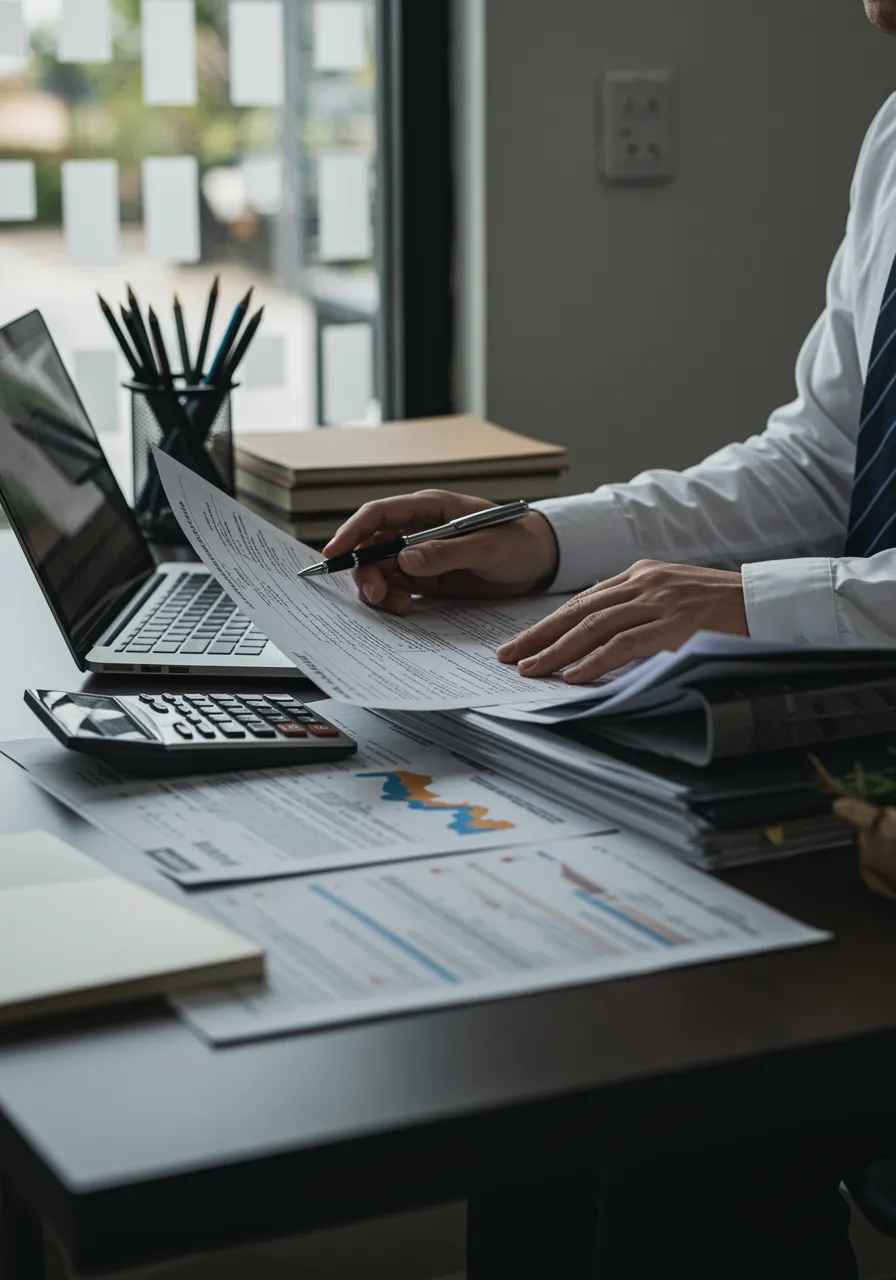 imagen18 For image id 1268: Generate an image showcasing a contemporary tax advisory office. A white tax consultant, wearing smart business attire, is analyzing spreadsheets and tax documents on a laptop, with a visible calculator and organized paperwork on the desk. The setting should exude precision, professionalism, and a welcoming environment for effective tax consultancy.