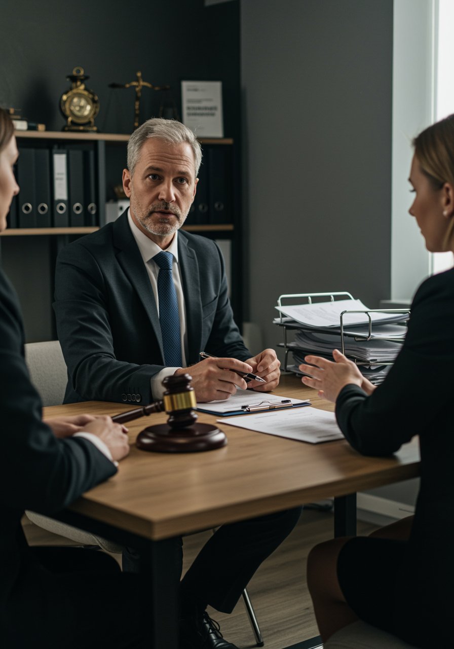 For image id 1271: Create a detailed scene of a modern legal consultation in a sleek office. A confident, well-dressed white lawyer is engaging with a client over a table filled with legal documents and case files. The atmosphere is calm and professional, with natural light and subtle hints of sophistication that emphasize trust and expertise in legal advisory services.